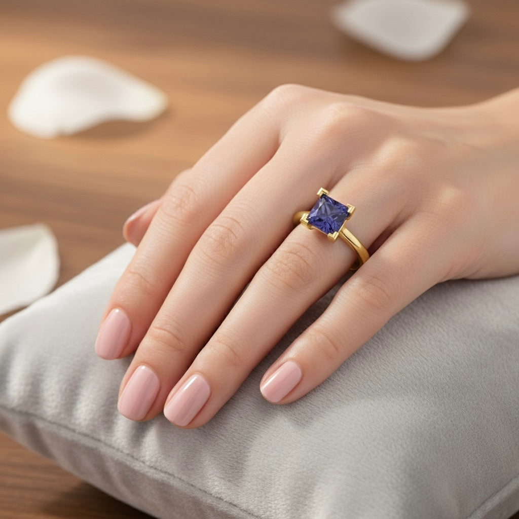 gold plated pure silver square tanzanite gemstone adjustable ring