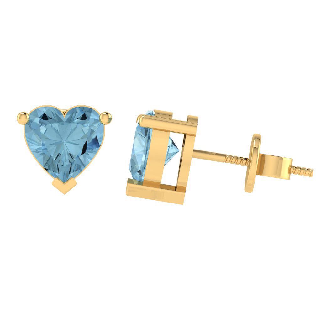 yellow gold plated sterling silver heart shape aquamarine march birthstone stud earrings
