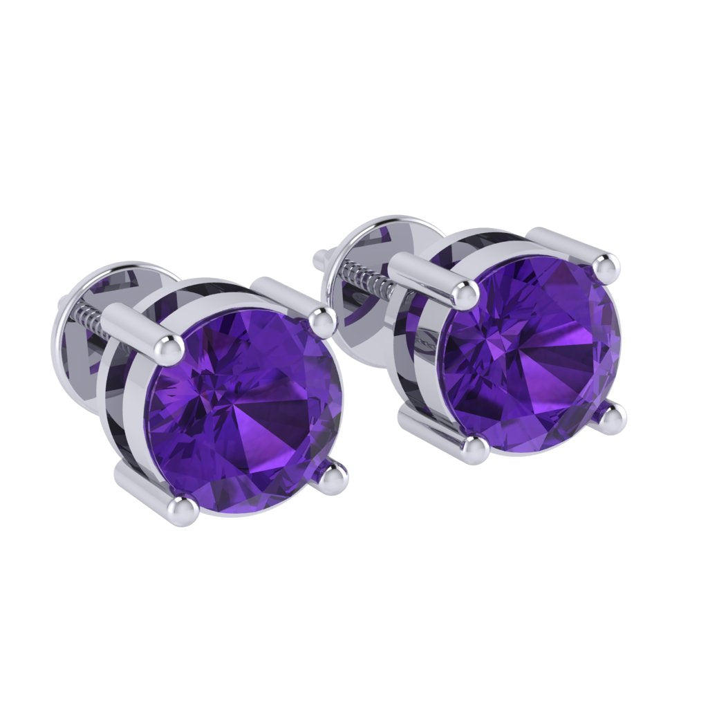 white gold plated sterling silver round shape amethyst february birthstone stud earrings