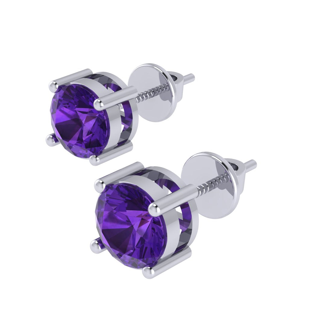 white gold plated sterling silver round shape amethyst february birthstone stud earrings