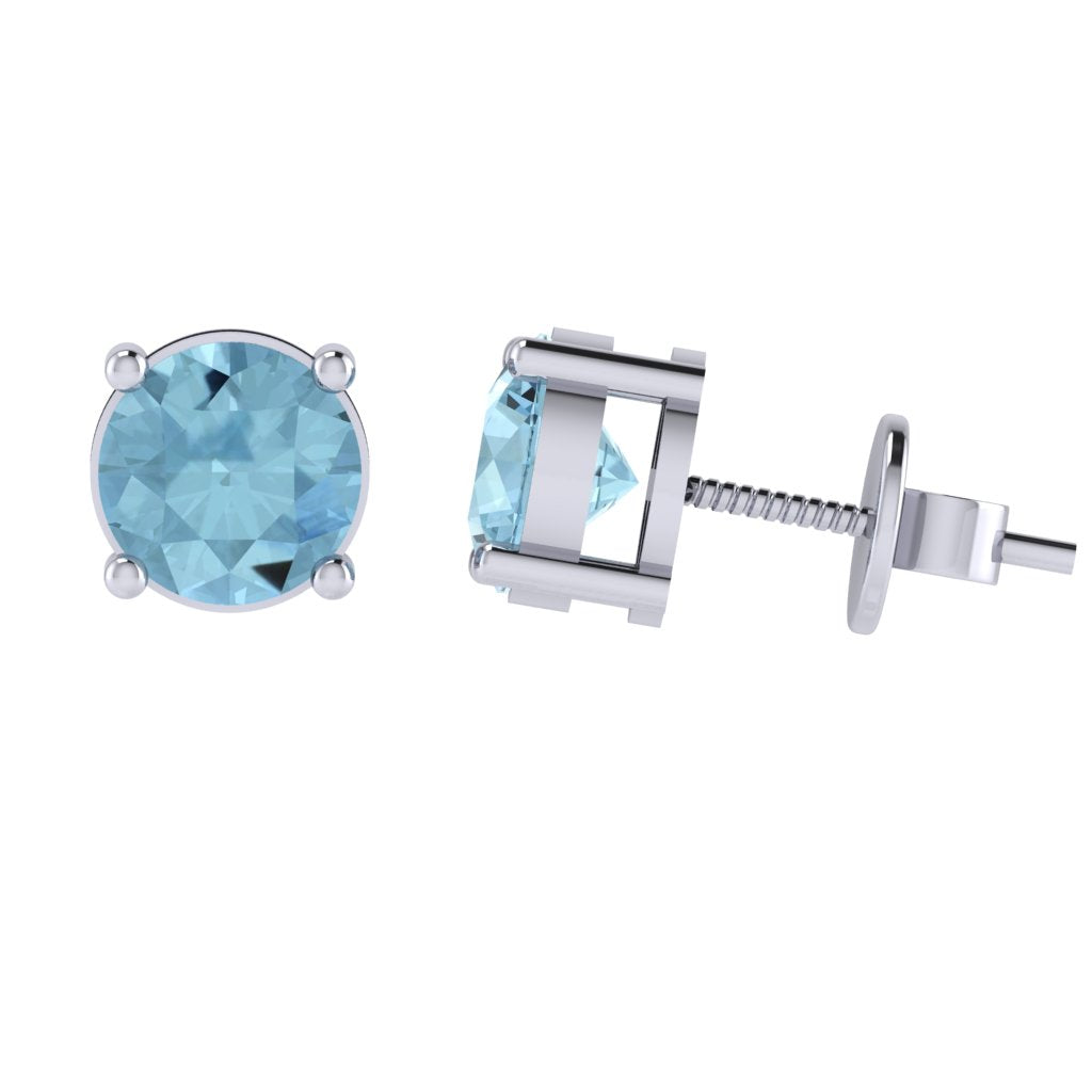 white gold plated sterling silver round shape aquamarine march birthstone stud earrings