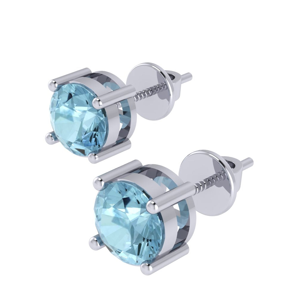 white gold plated sterling silver round shape aquamarine march birthstone stud earrings