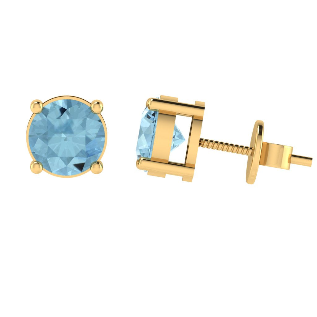 yellow gold plated sterling silver round shape aquamarine march birthstone stud earrings