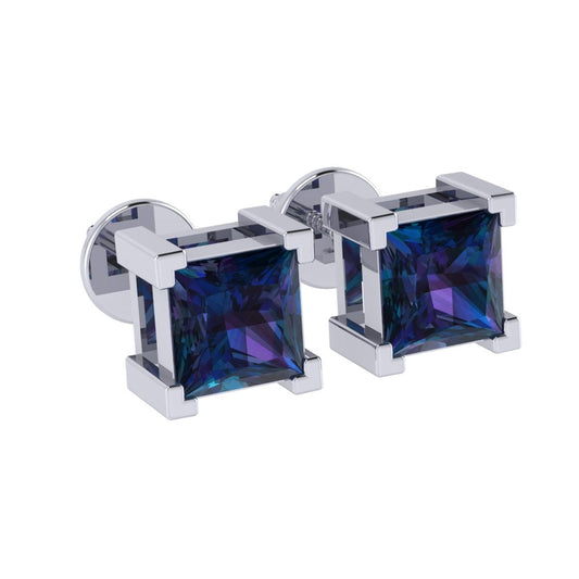 white gold plated sterling silver princess shape alexandrite june birthstone stud earrings