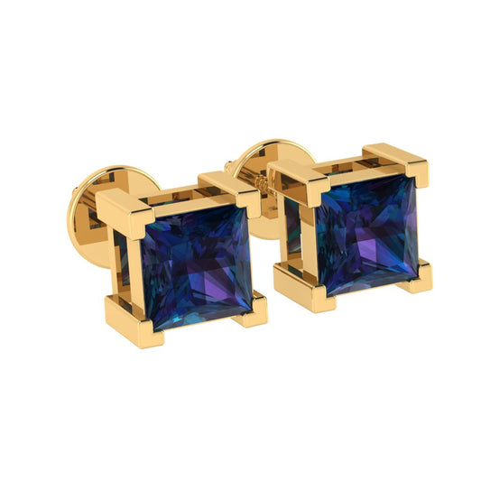 yellow gold plated sterling silver princess shape alexandrite june birthstone stud earrings
