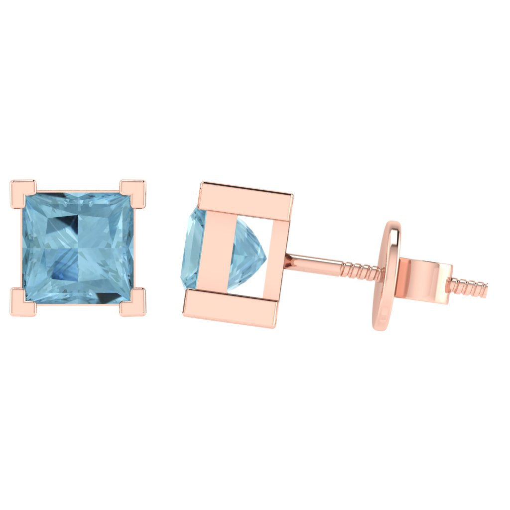 rose gold plated sterling silver princess shape aquamarine march birthstone stud earrings