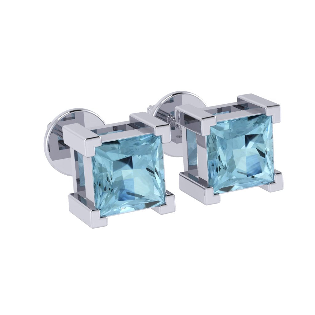 white gold plated sterling silver princess shape aquamarine march birthstone stud earrings