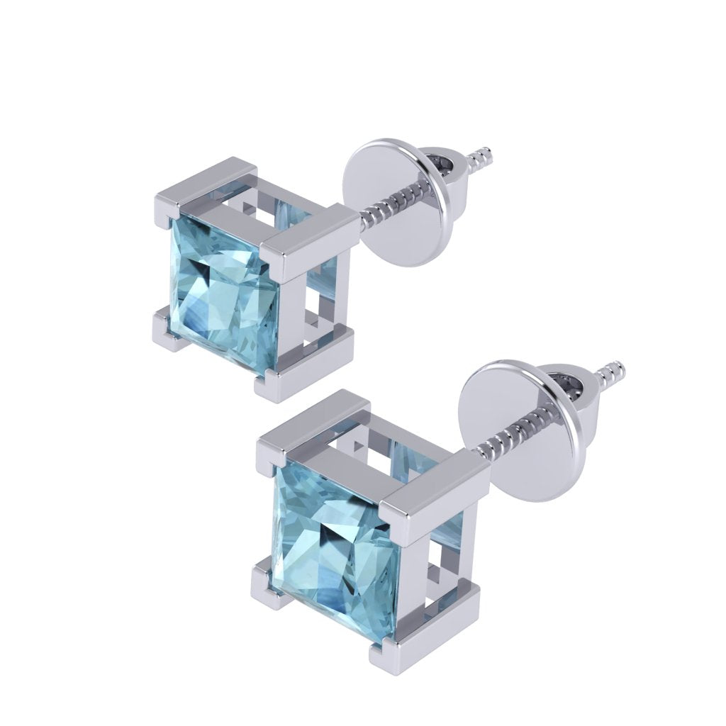white gold plated sterling silver princess shape aquamarine march birthstone stud earrings