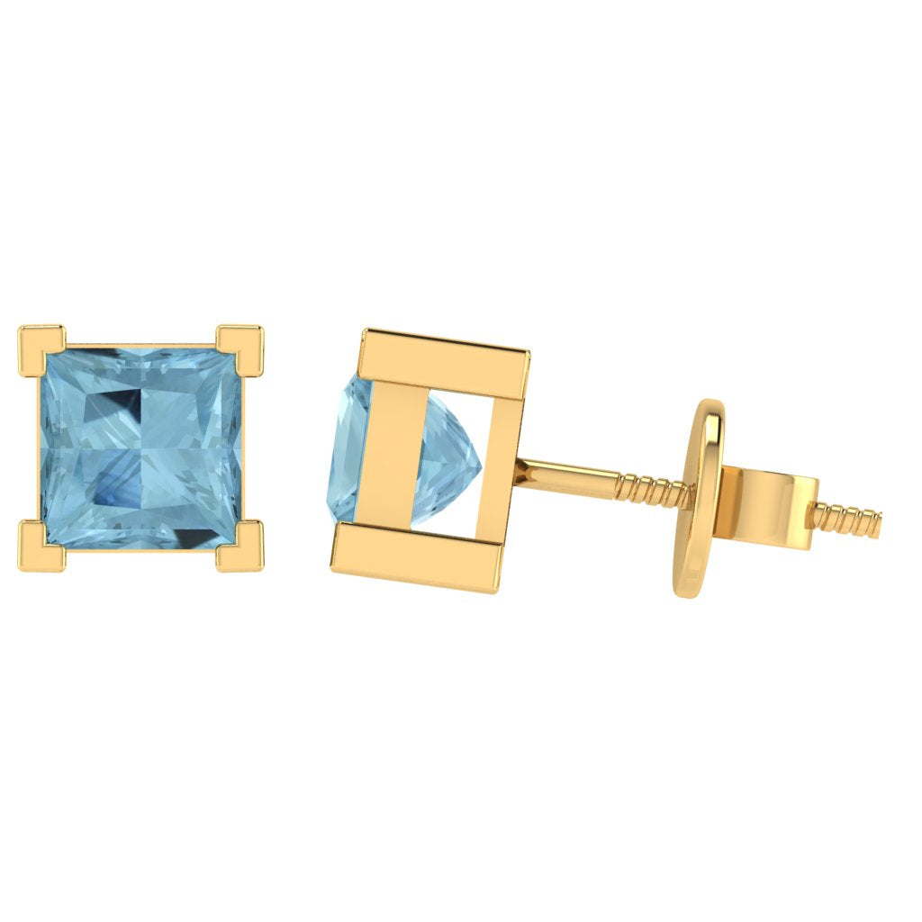 yellow gold plated sterling silver princess shape aquamarine march birthstone stud earrings