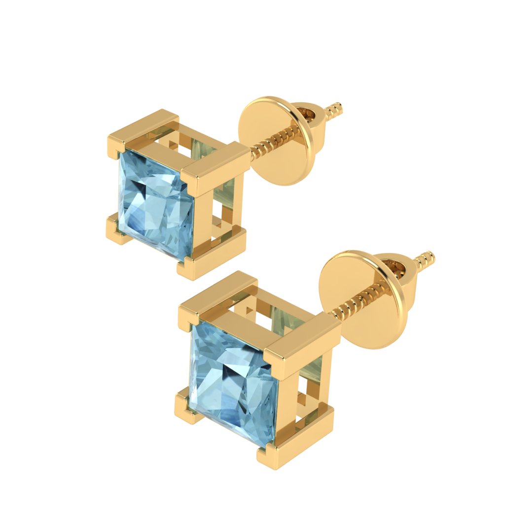 yellow gold plated sterling silver princess shape aquamarine march birthstone stud earrings