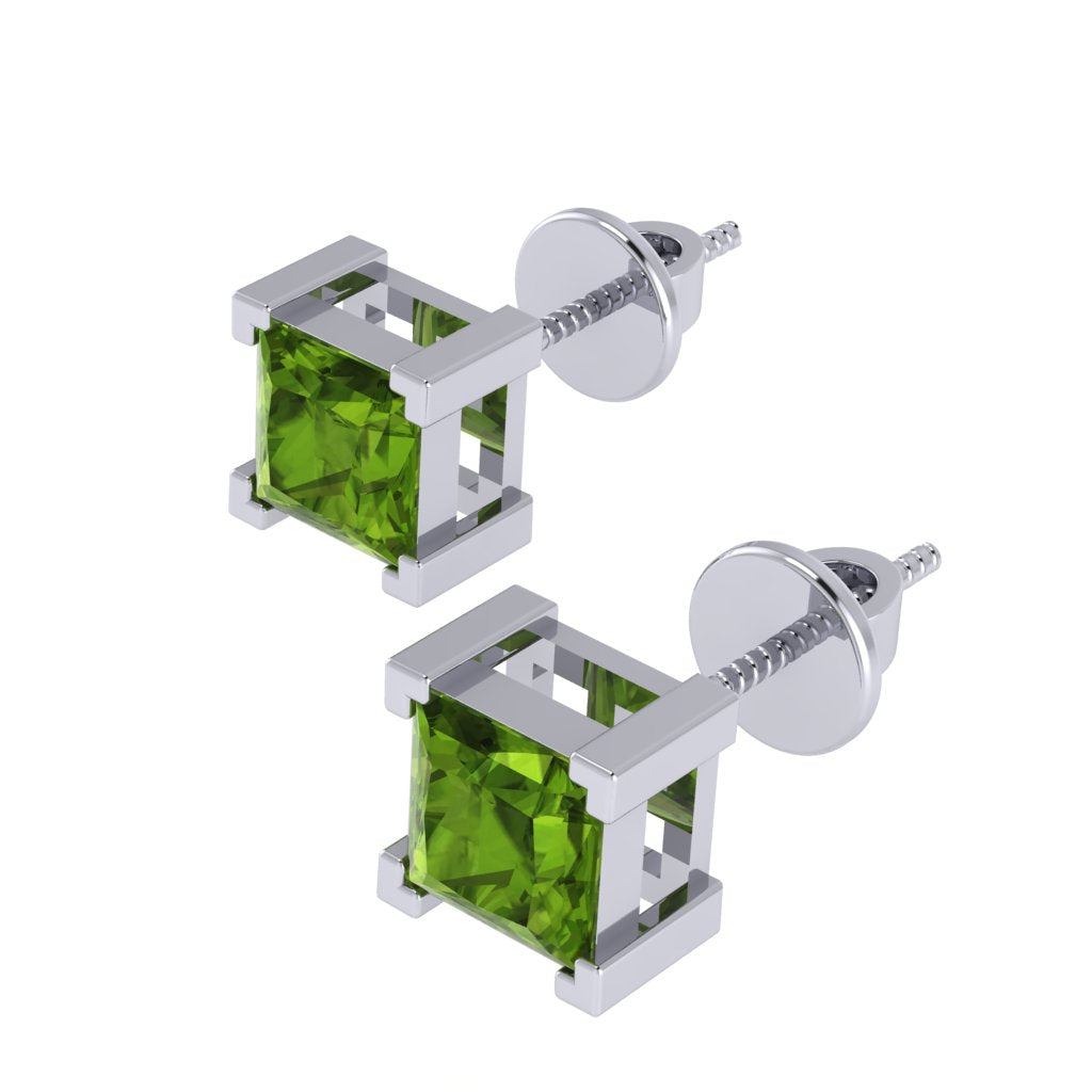 white gold plated sterling silver princess shape peridot august birthstone stud earrings