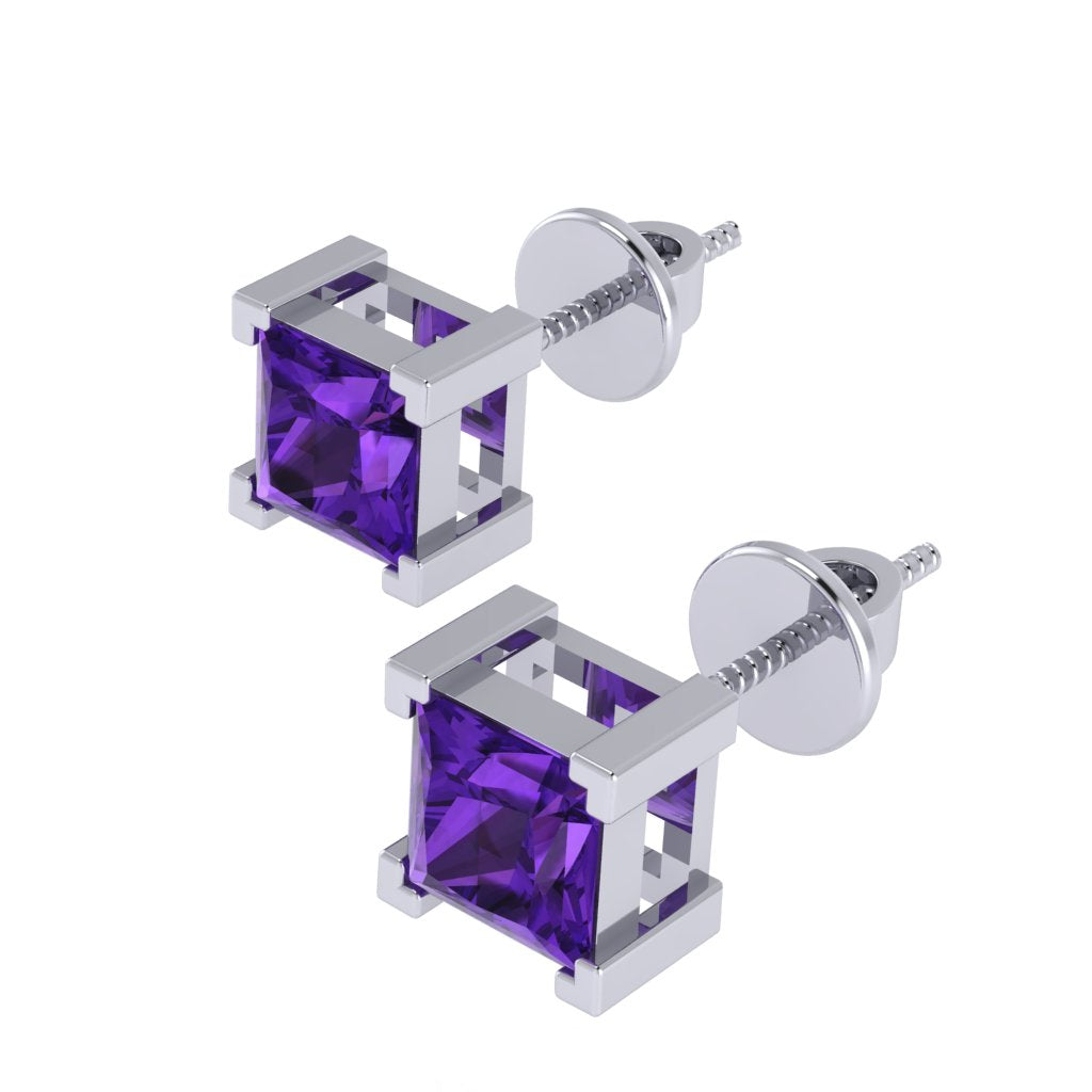 white gold plated sterling silver princess shape amethyst february birthstone stud earrings