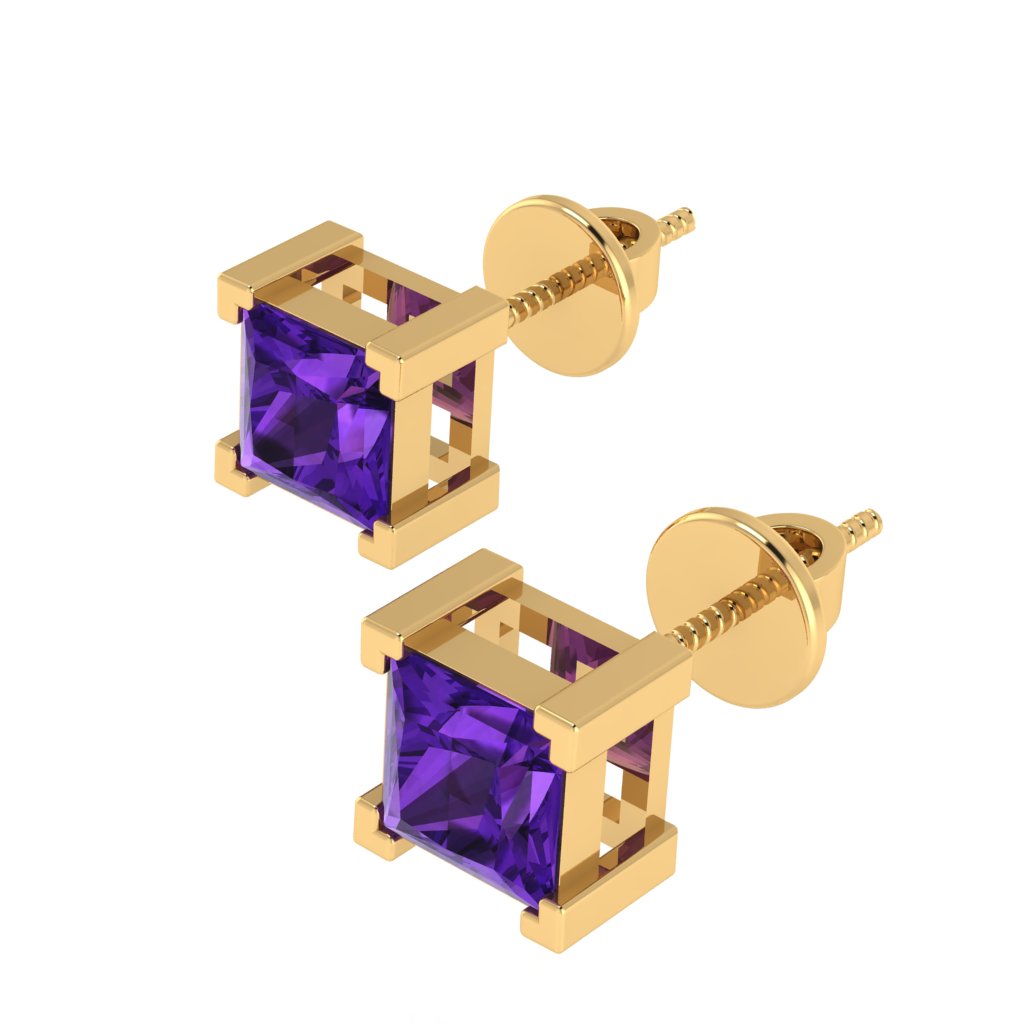 yellow gold plated sterling silver princess shape amethyst february birthstone stud earrings