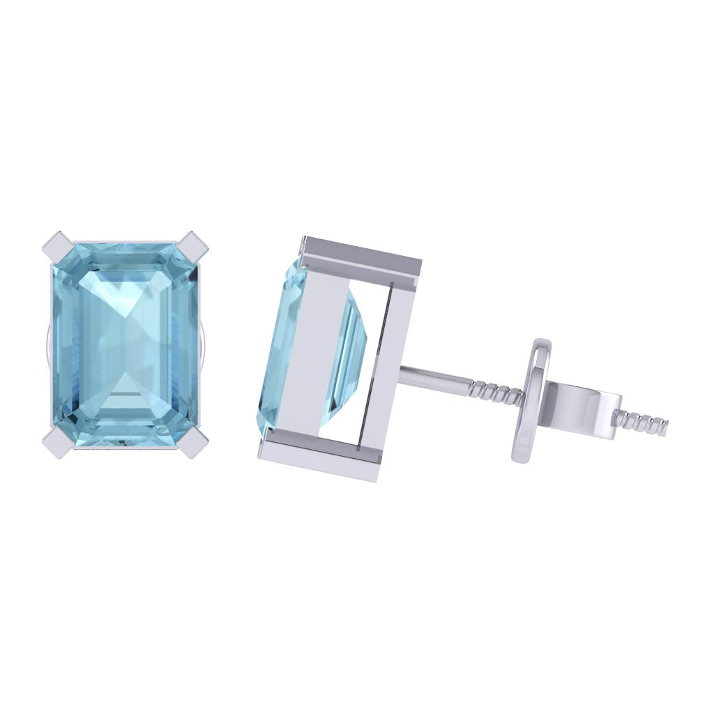 white gold plated sterling silver emerald cut aquamarine march birthstone stud earrings