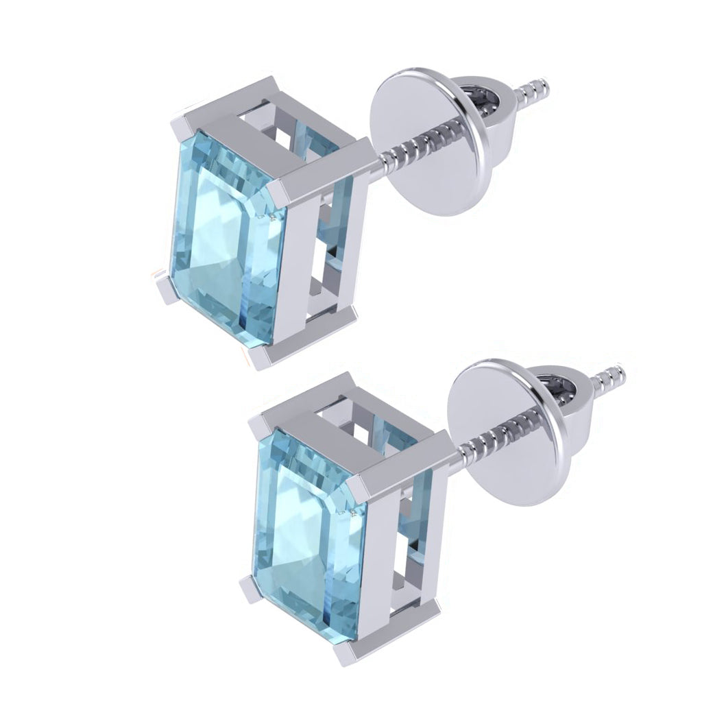 white gold plated sterling silver emerald cut aquamarine march birthstone stud earrings