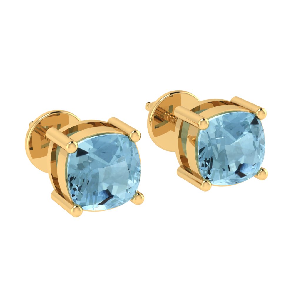 yellow gold plated sterling silver cushion shape aquamarine march birthstone stud earrings
