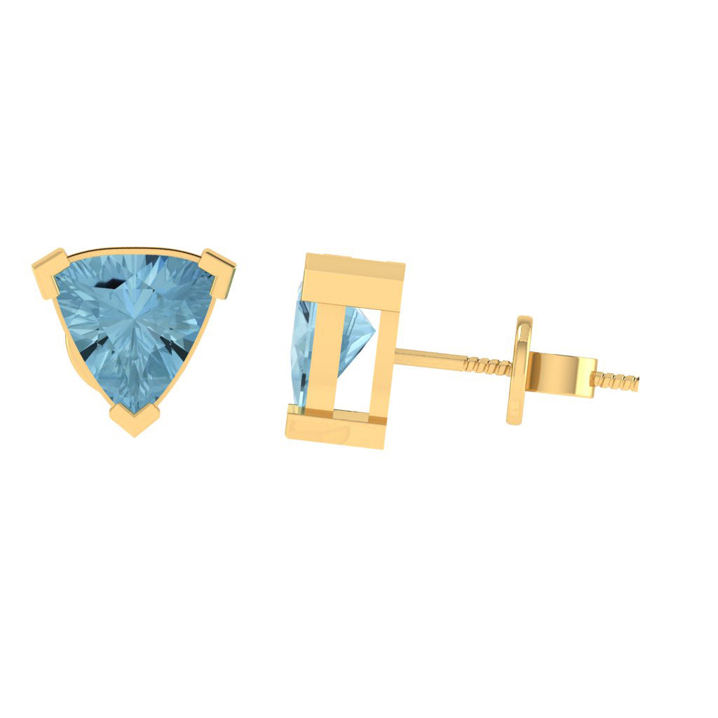 yellow gold plated sterling silver trillion shape aquamarine march birthstone stud earrings